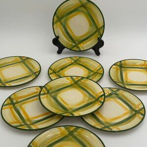 Set of 8 Hand Painted VTG USA Metlox Vernonware Gingham Salad Plates 7.5”